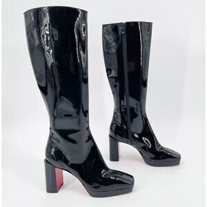Christian Louboutin Alleo 90 Black Patent Leather Knee High Block Heel Boots 42